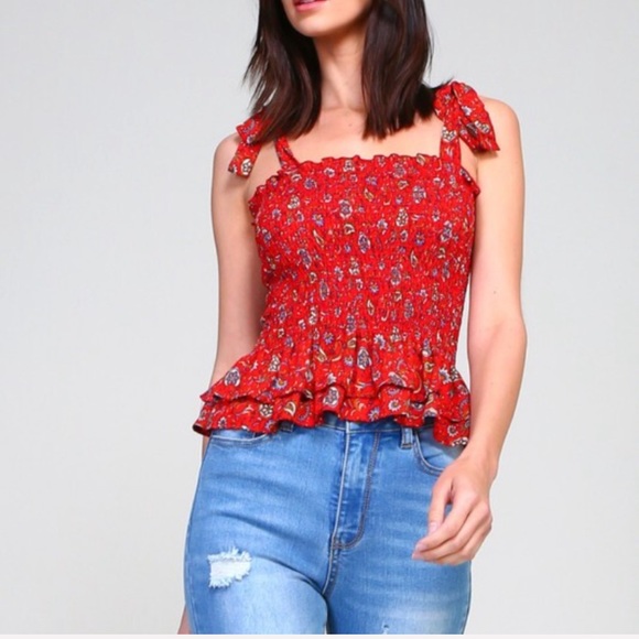 ALICE red floral smocked top tie shoulders - Picture 5 of 8